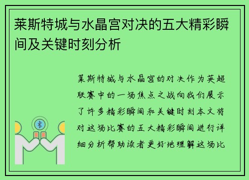 莱斯特城与水晶宫对决的五大精彩瞬间及关键时刻分析